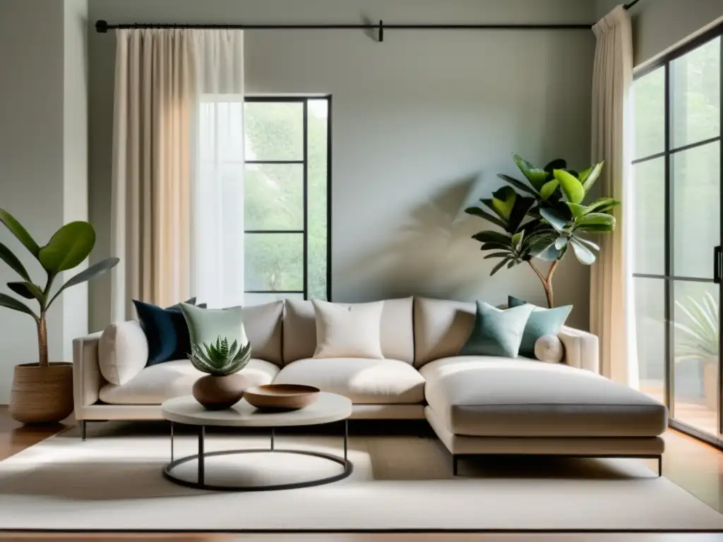 Salón minimalista con luz natural, decoración cuidadosa y una gata relajada