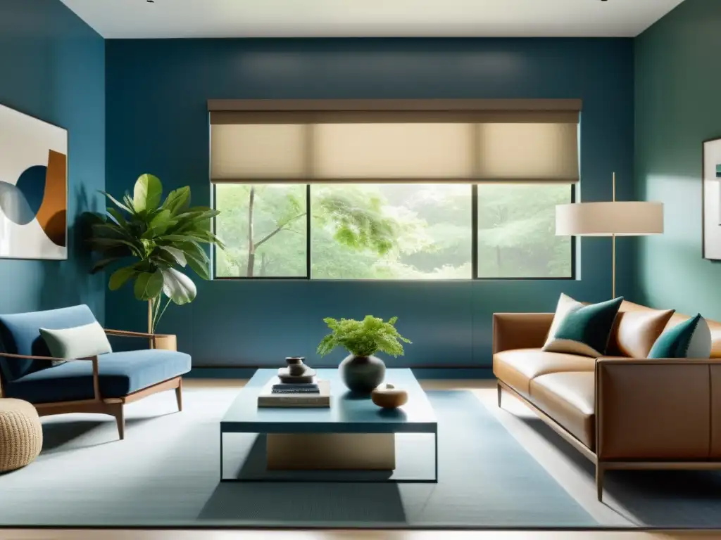 Salón minimalista con luz natural, paleta de azules y verdes relajantes, influencia emocional del Feng Shui en colores