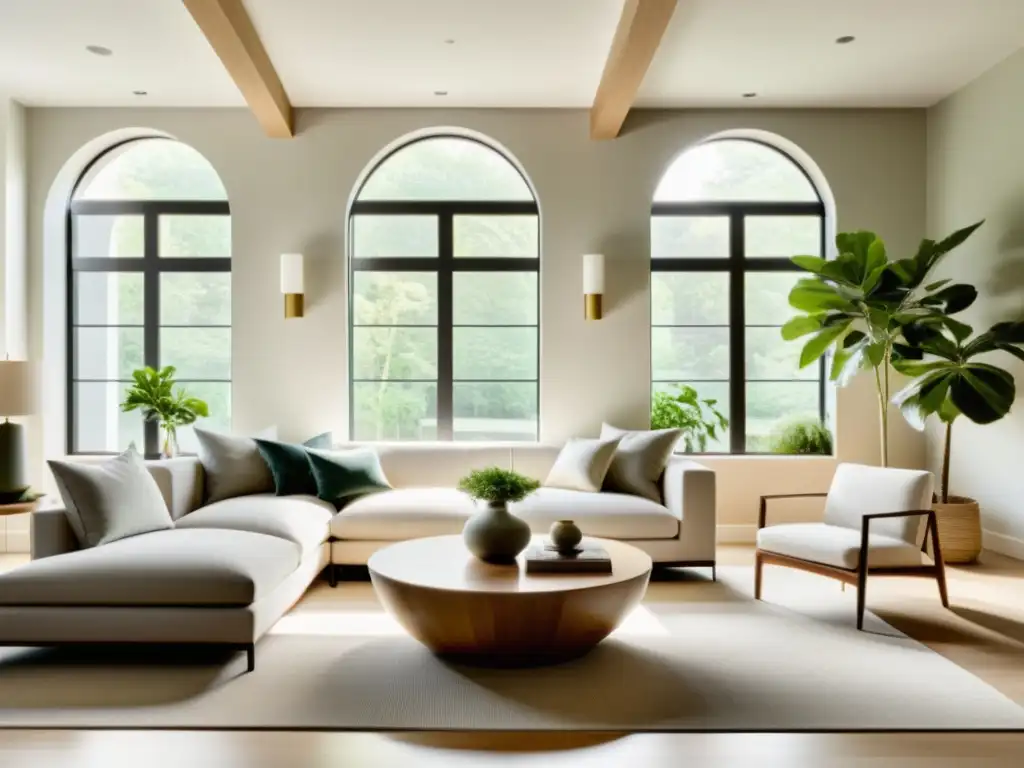 Salón minimalista con luz natural, muebles armoniosos y plantas siguiendo técnicas de Feng Shui para armonizar espacios