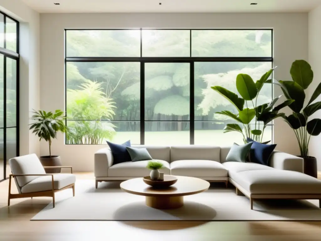 Salón minimalista con luz natural y equilibrio de Feng Shui en renovación energética