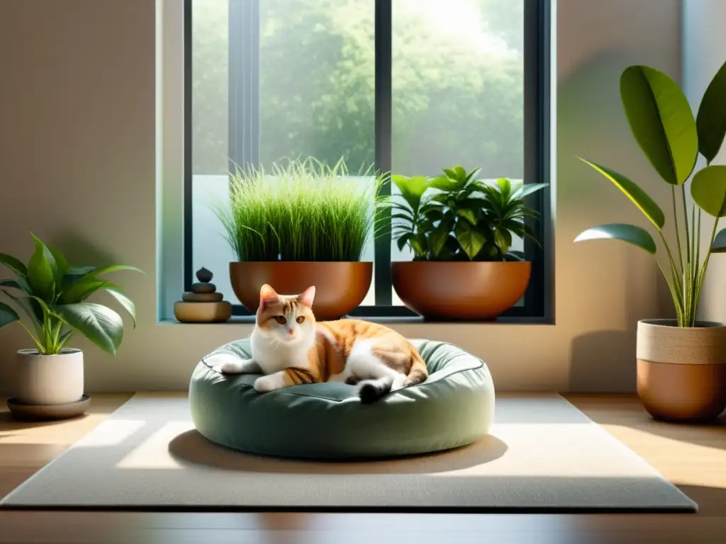 Un salón minimalista con luz natural, plantas y una cama para mascotas