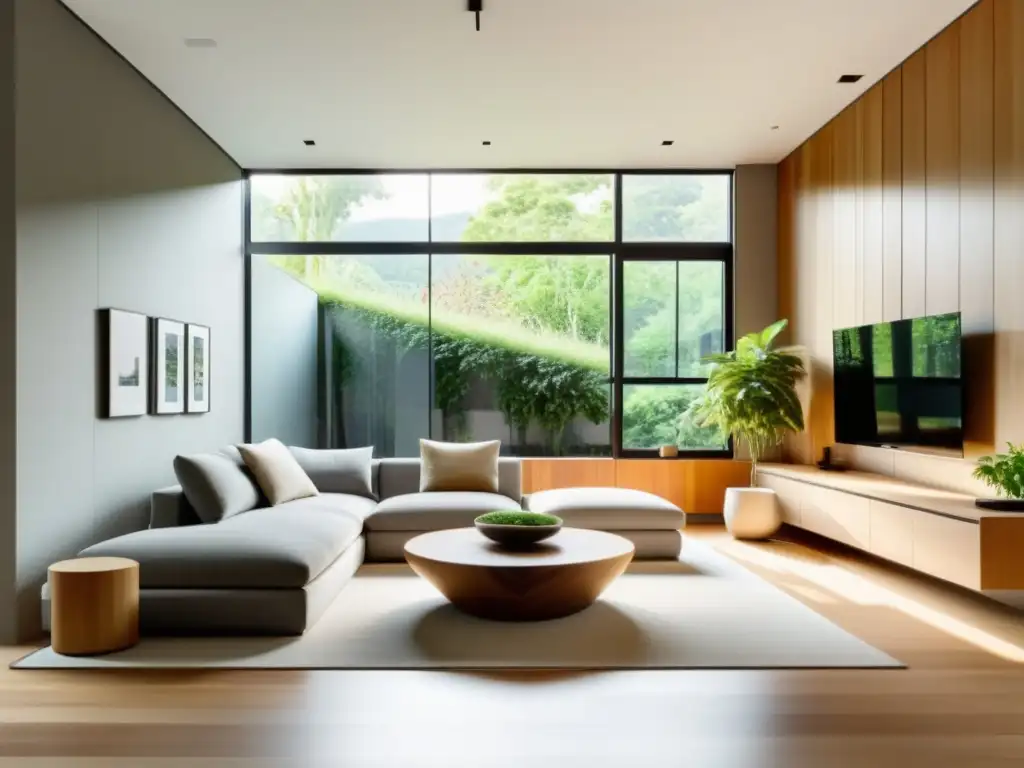 Salón minimalista con luz natural, ambiente sereno, muebles modernos y huella ecológica Feng Shui