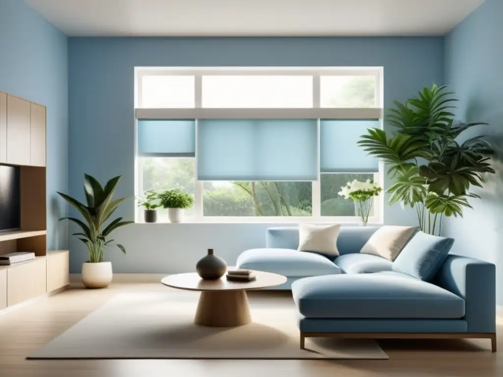 Salón minimalista con luz natural, paredes azules, muebles neutrales y planta verde