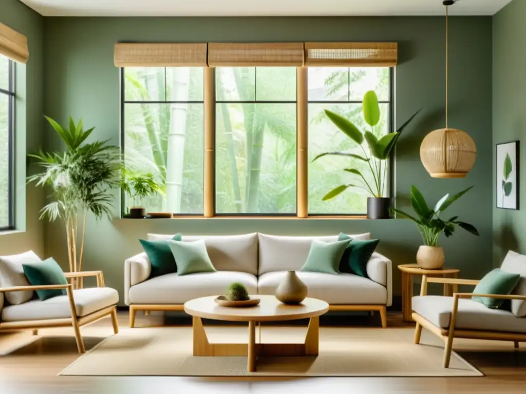 Un salón minimalista con luz natural, muebles de bambú y plantas según el Feng Shui para renovación sostenible