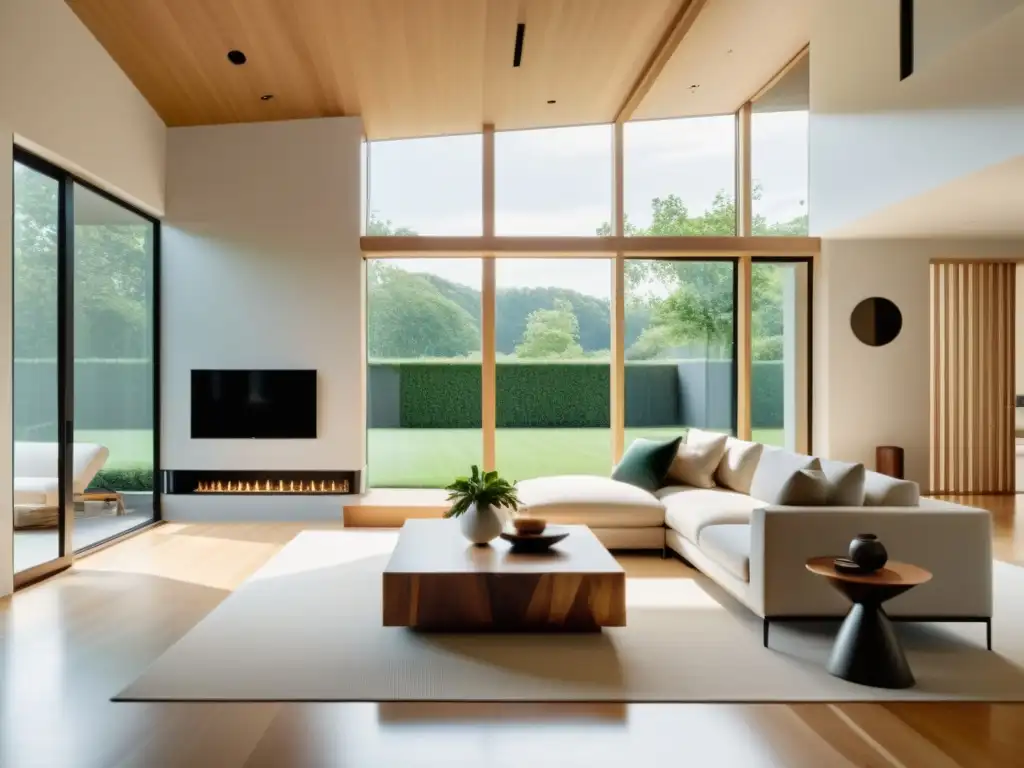 Un salón minimalista con luz natural y efectos de vigas y columnas feng shui