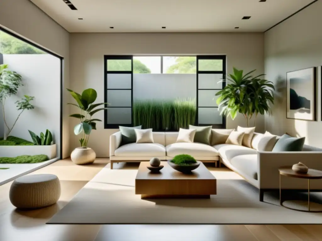 Un salón minimalista con luz natural y elementos de decoración chinos