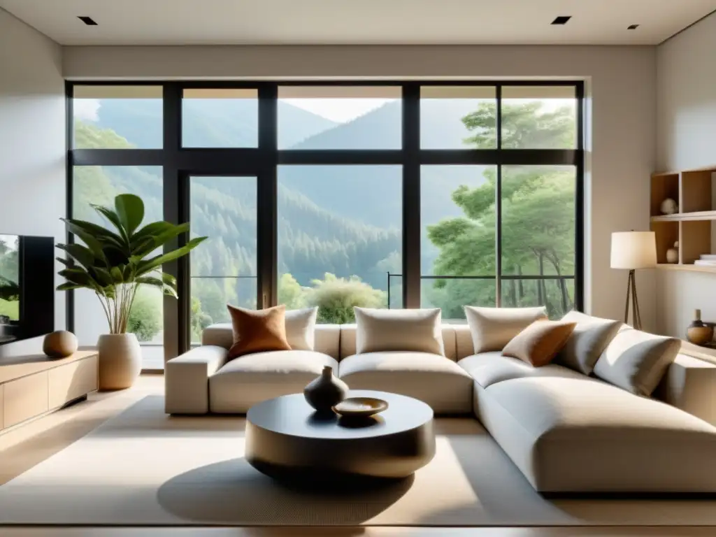 Serenidad y armonía: sala minimalista con luz natural y Feng Shui Un salón minimalista con luz natural y decoración según Principios Feng Shui hogar ecoamigable