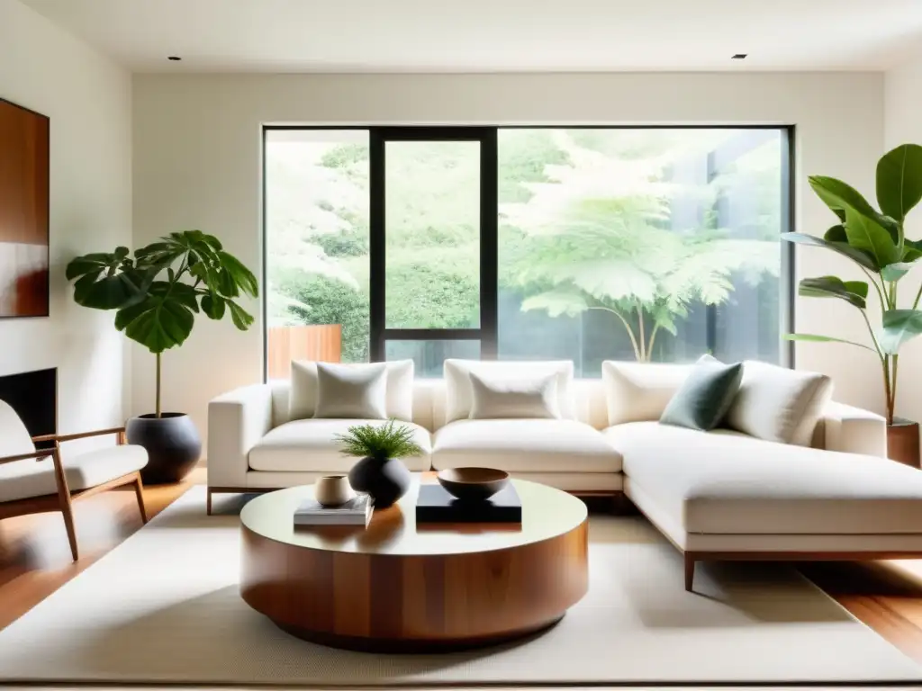 Serenidad minimalista en sala de estar con luz natural Un salón minimalista con luz natural y muebles sostenibles en tonos cálidos