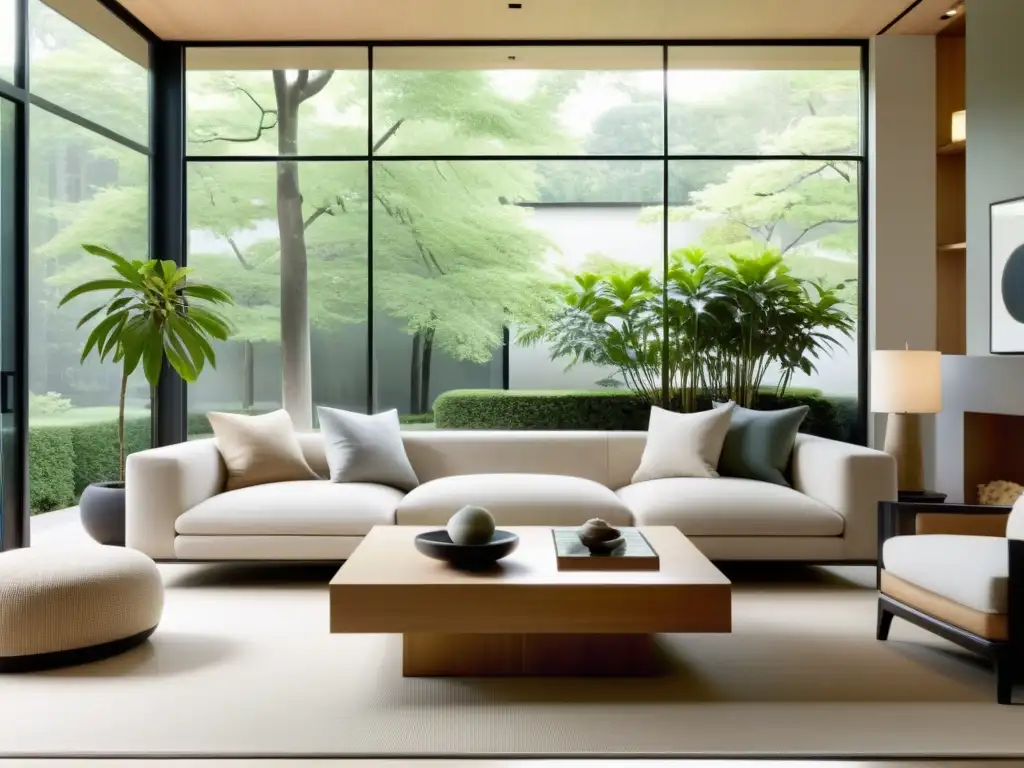 Salón minimalista con luz natural, paleta neutra y jardín Zen