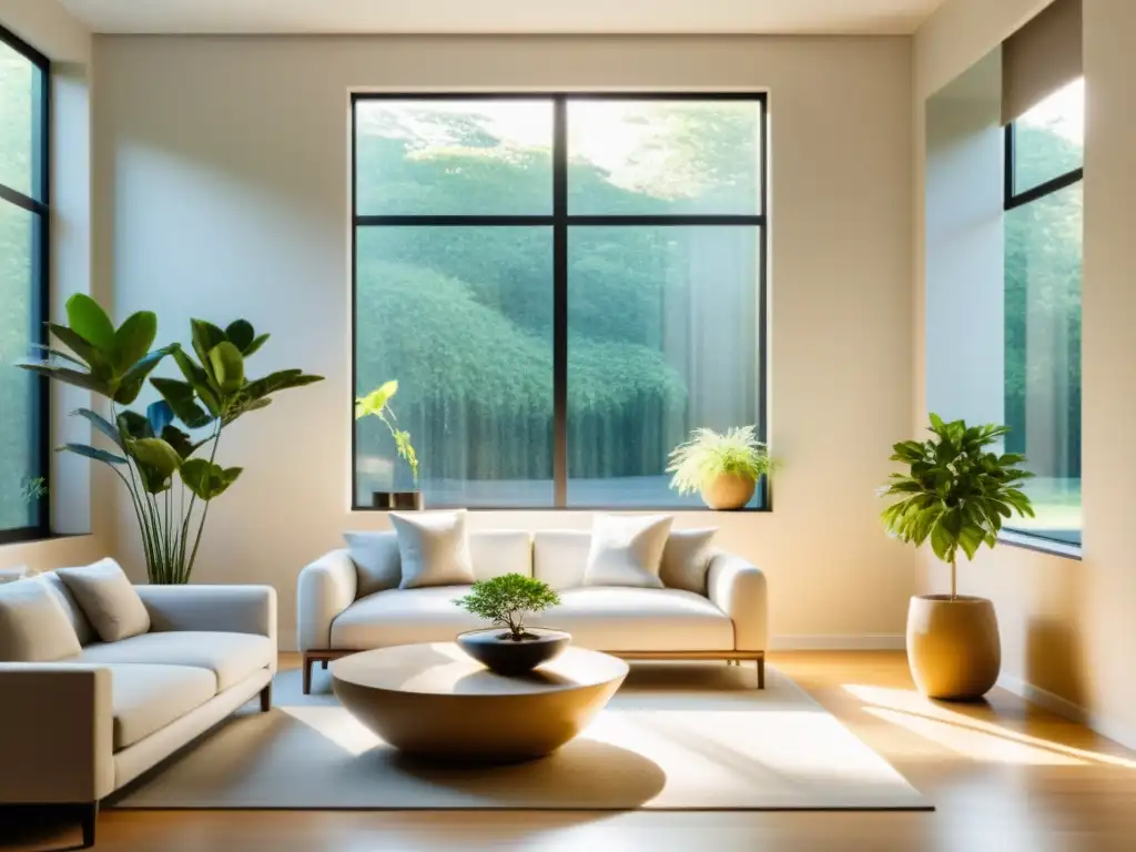 Un salón minimalista con luz natural y elementos Feng Shui