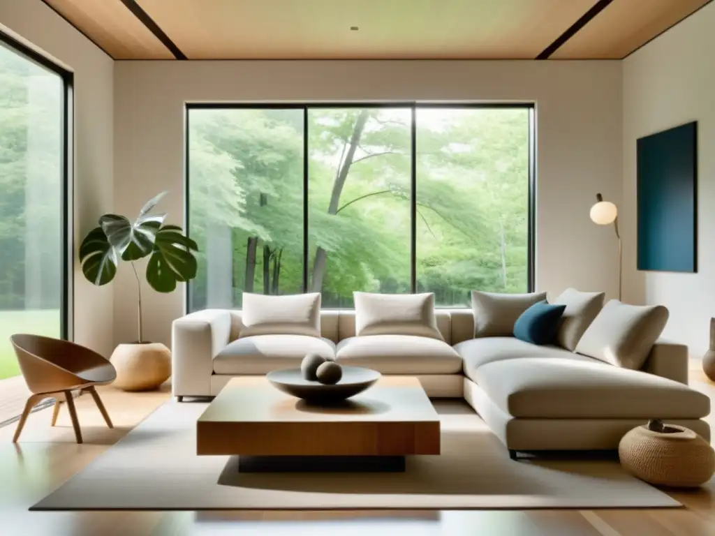 Un salón minimalista, con luz natural y música ambiental para armonía y equilibrio según el feng shui