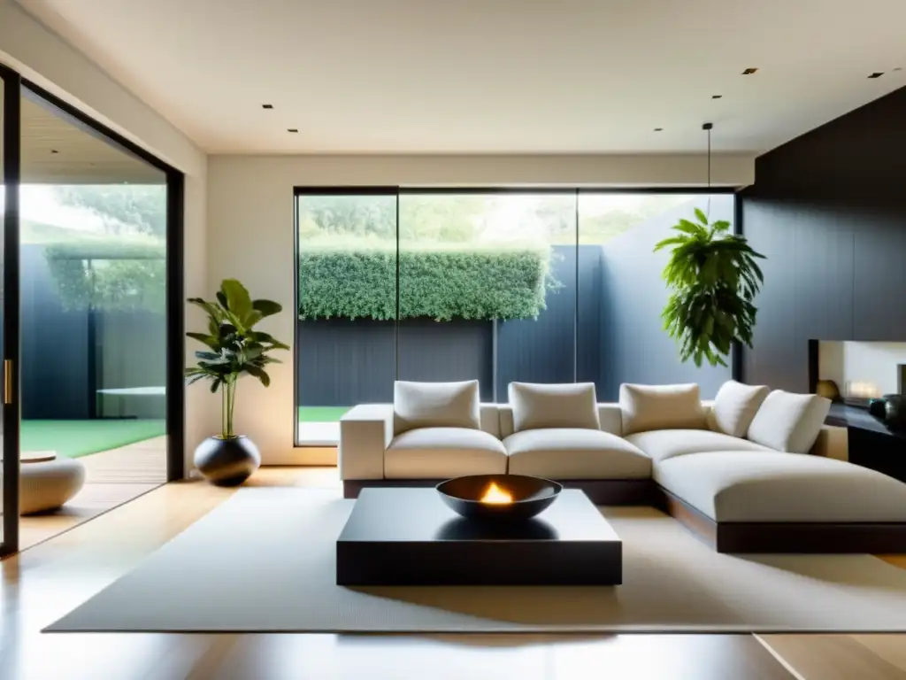 Un salón minimalista con luz natural, elementos de Feng Shui y equilibrio, ideal para casas autónomas