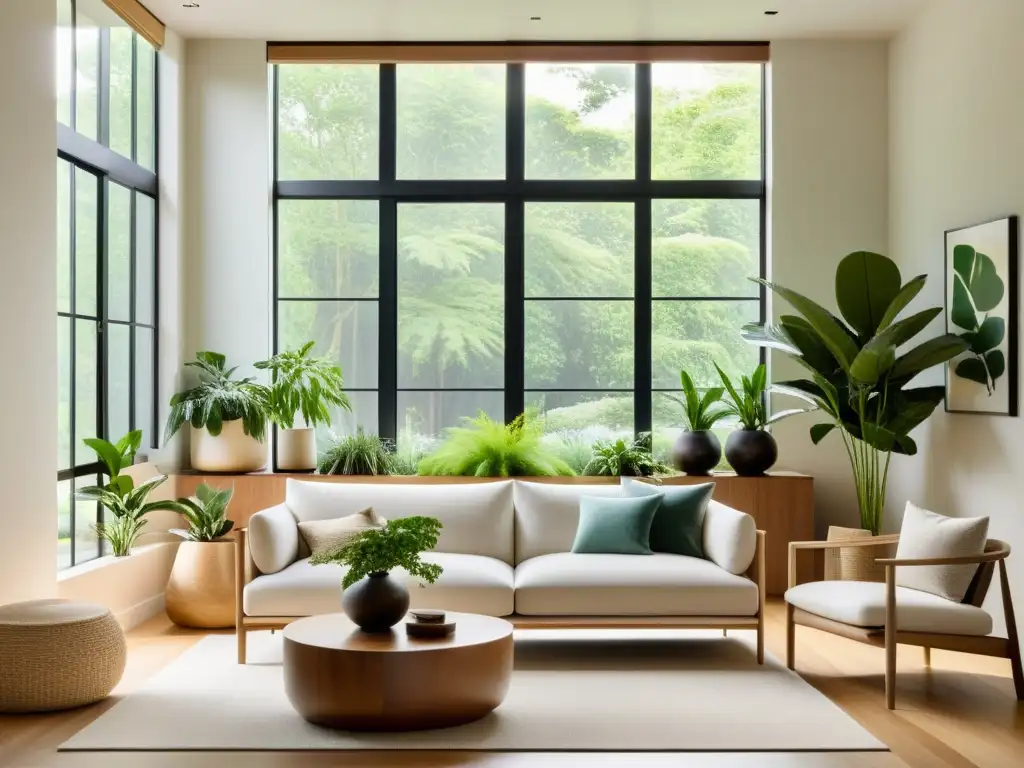 Un salón minimalista con luz natural y un jardín interior cuidadosamente arreglado según los principios del Feng Shui