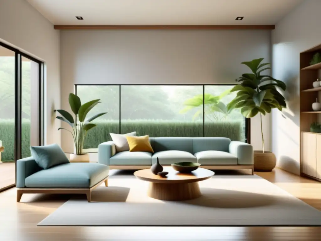 Un salón minimalista con luz natural y elementos de feng shui, invitando a la armonización con Feng Shui y Realidad Virtual para armonización