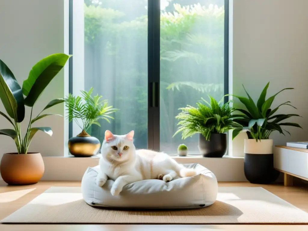 Un salón minimalista con luz natural, plantas y un gato relajado en una cama moderna