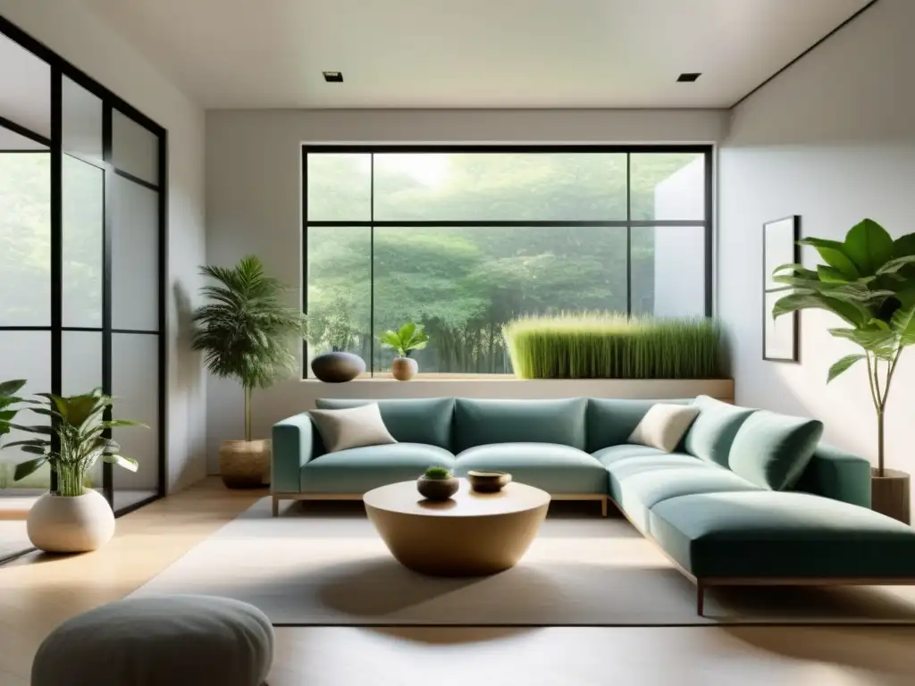 Un salón minimalista con luz natural y decoración armoniosa, inspirado en Feng Shui para la organización del hogar