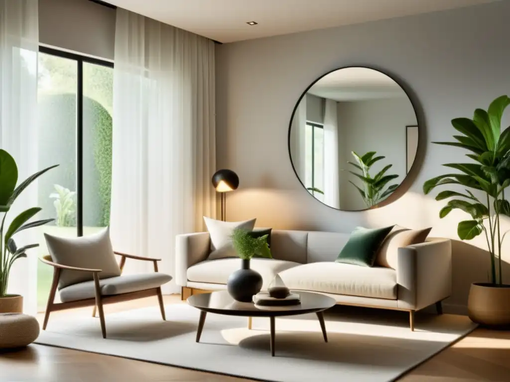 Un salón minimalista con luz natural, muebles limpios y plantas en maceta, reflejando armonía y equilibrio, depurando hogar con Feng Shui