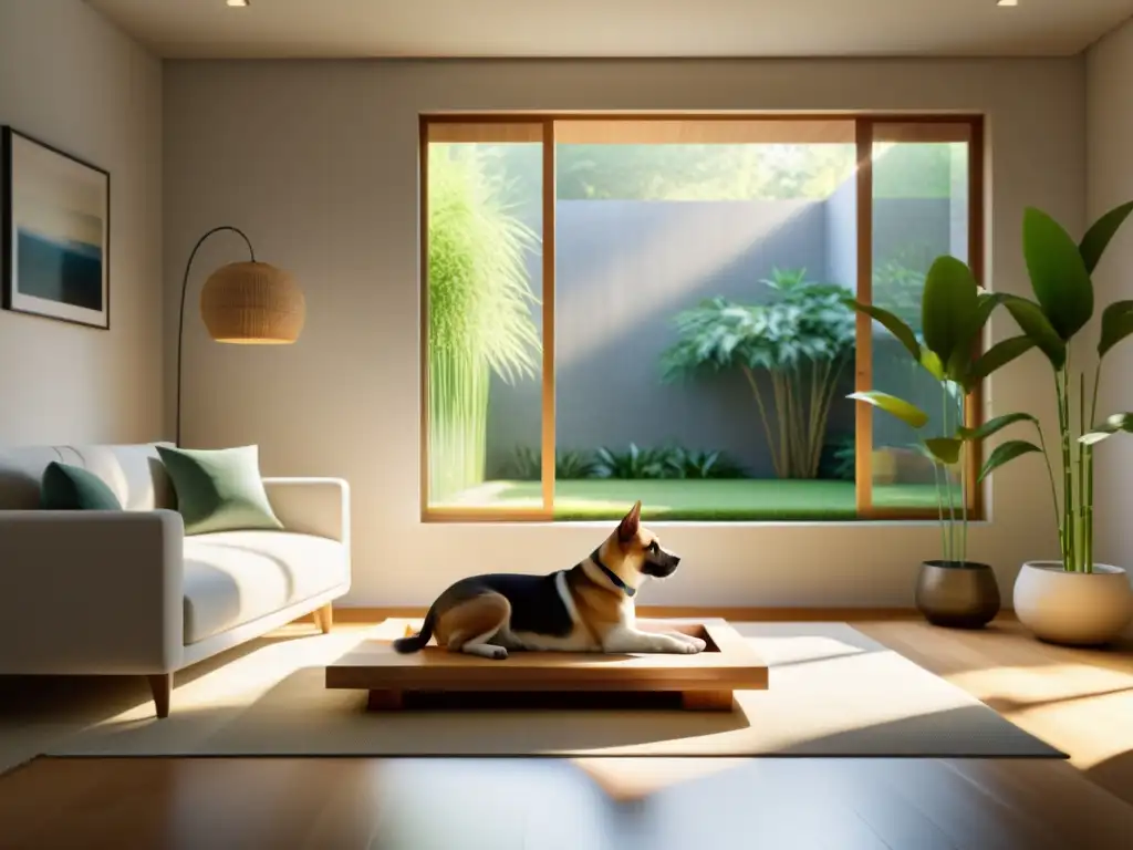 Salón minimalista con Feng Shui para mascotas en casa, ventana grande y jardín sereno