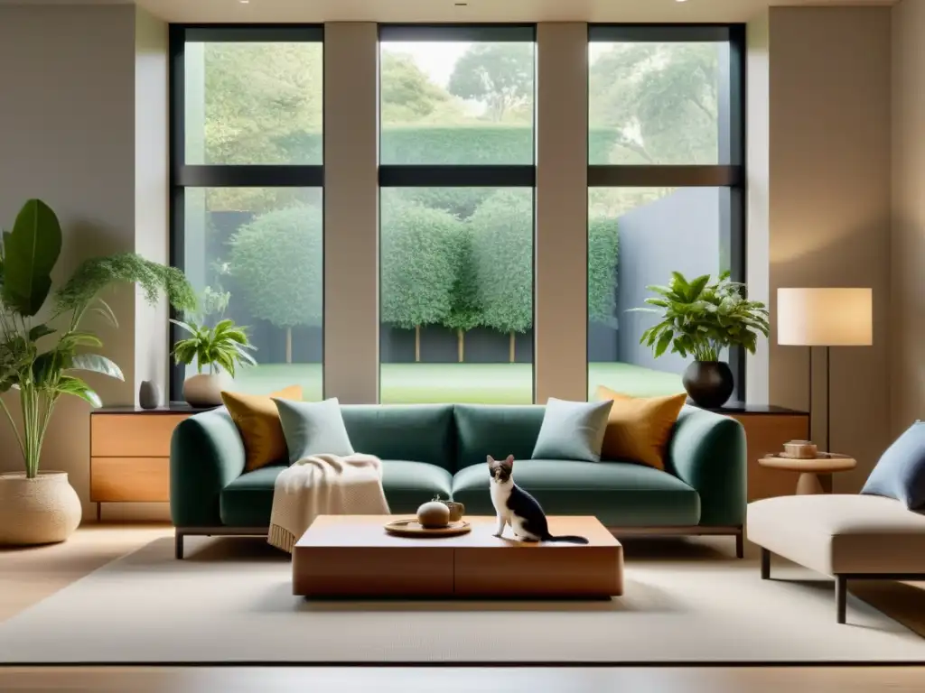 Un salón minimalista con Feng Shui para mascotas en casa, bañado por luz natural y vistas al jardín