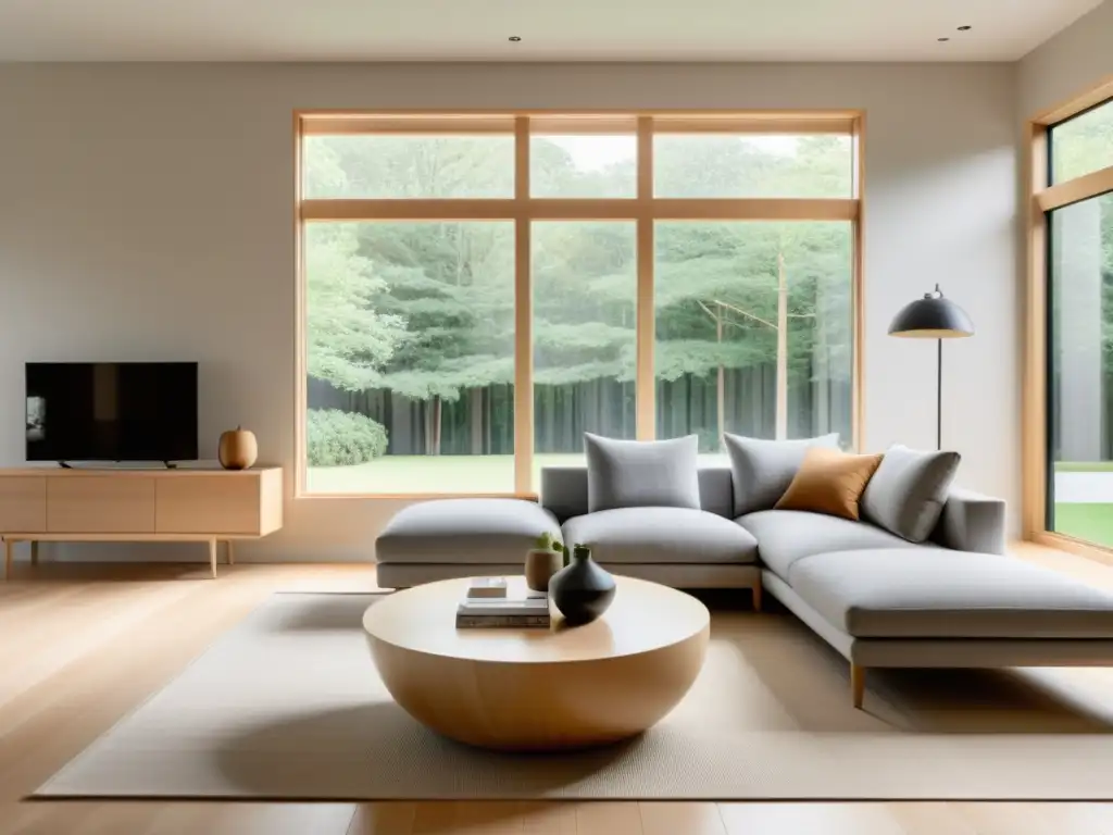 Salón minimalista con materiales y acabados armonía Feng Shui, muebles elegantes y ventana luminosa