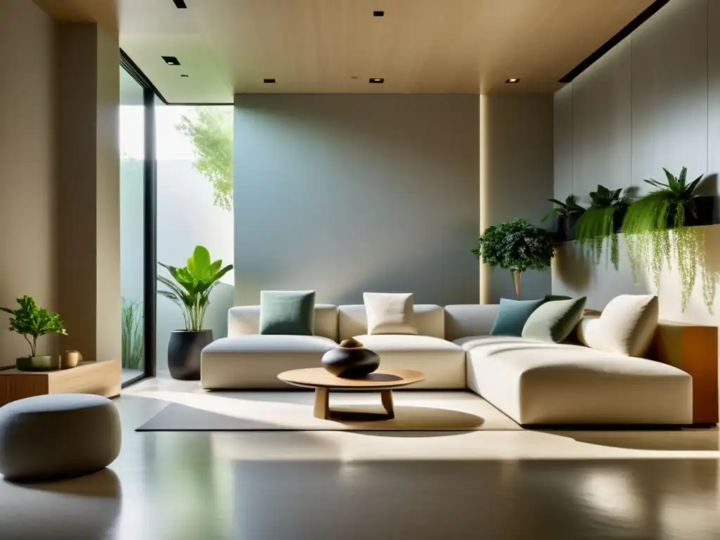 Salón minimalista con materiales innovadores para Feng Shui, luz suave resalta la armonía y elegancia del espacio moderno