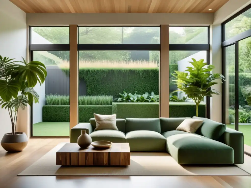 Un salón minimalista con diseño hogar Feng Shui y materiales recuperados, lleno de luz natural y armonía ecofriendly