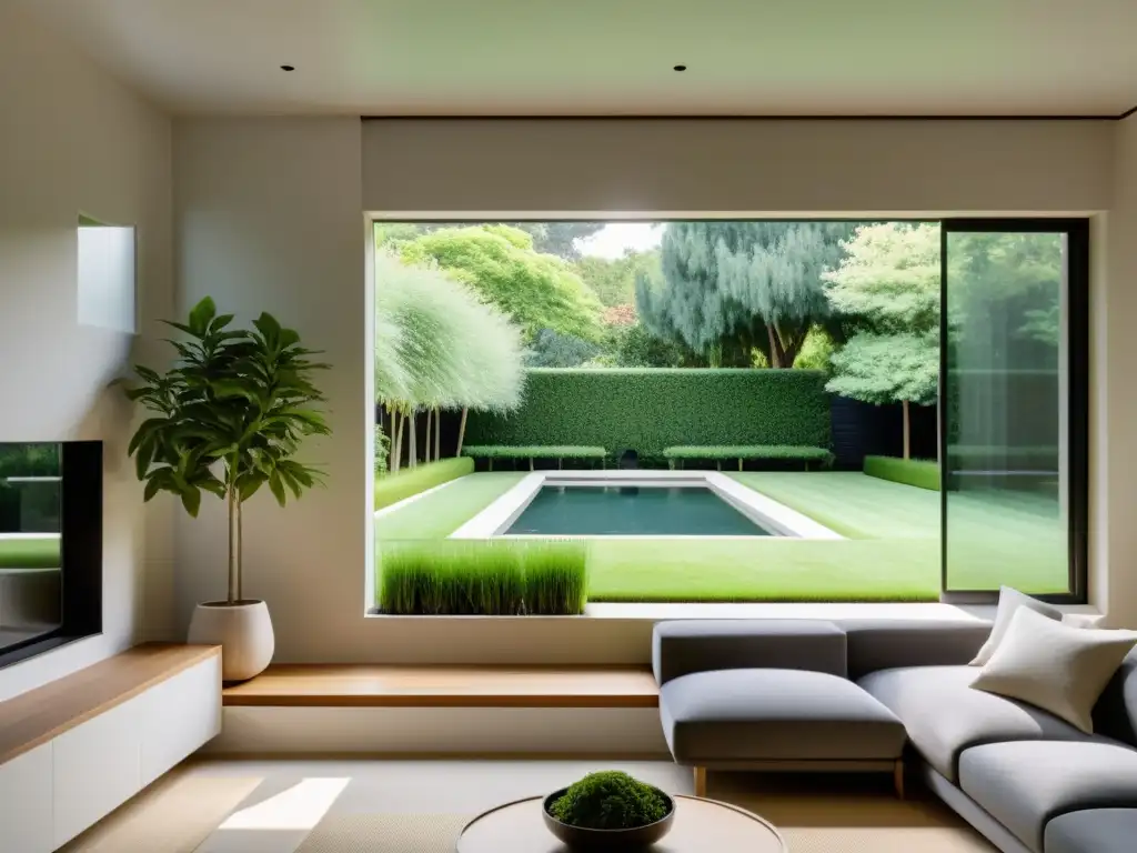 Salón minimalista con Feng Shui moderno para armonía, ventana abierta a jardín sereno y línea limpia