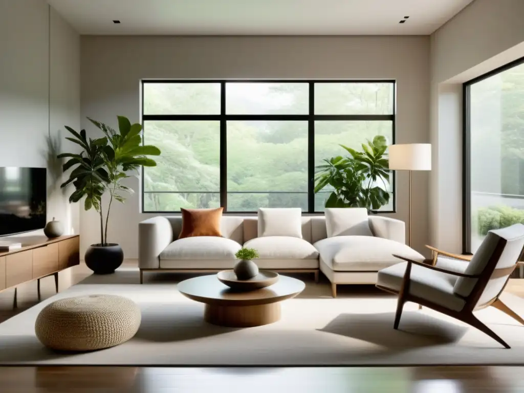 Salón minimalista con Feng Shui moderno para armonía: tonos neutros, luz natural y muebles cuidadosamente dispuestos