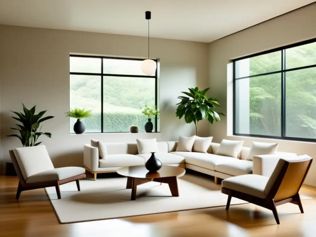 Un salón minimalista con muebles armonizados según principios de Feng Shui, bañado por luz natural y una atmósfera serena