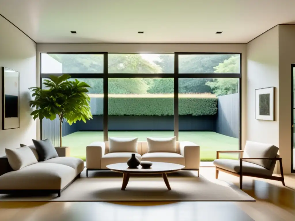 Salón minimalista con muebles en posición Feng Shui, bañado por luz natural y vistas al jardín sereno