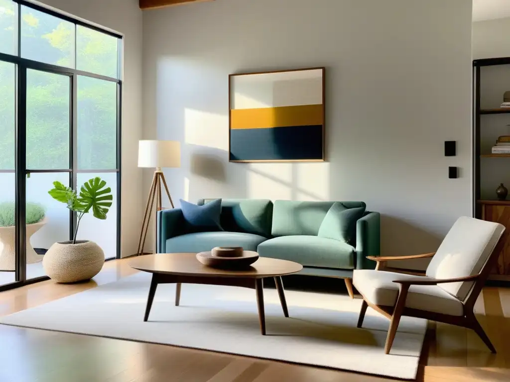 Un salón minimalista con muebles y decoración reciclados, iluminado por luz natural