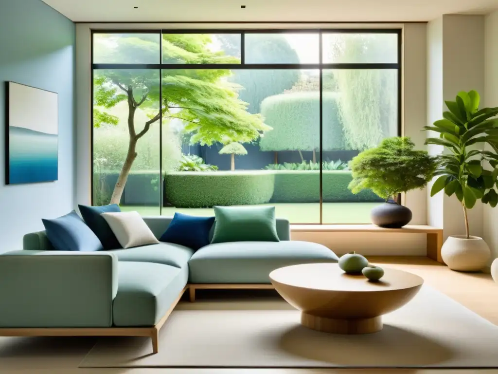 Un salón minimalista con muebles según Feng Shui, decorado en tonos neutros y detalles de verde y azul para una atmósfera tranquila