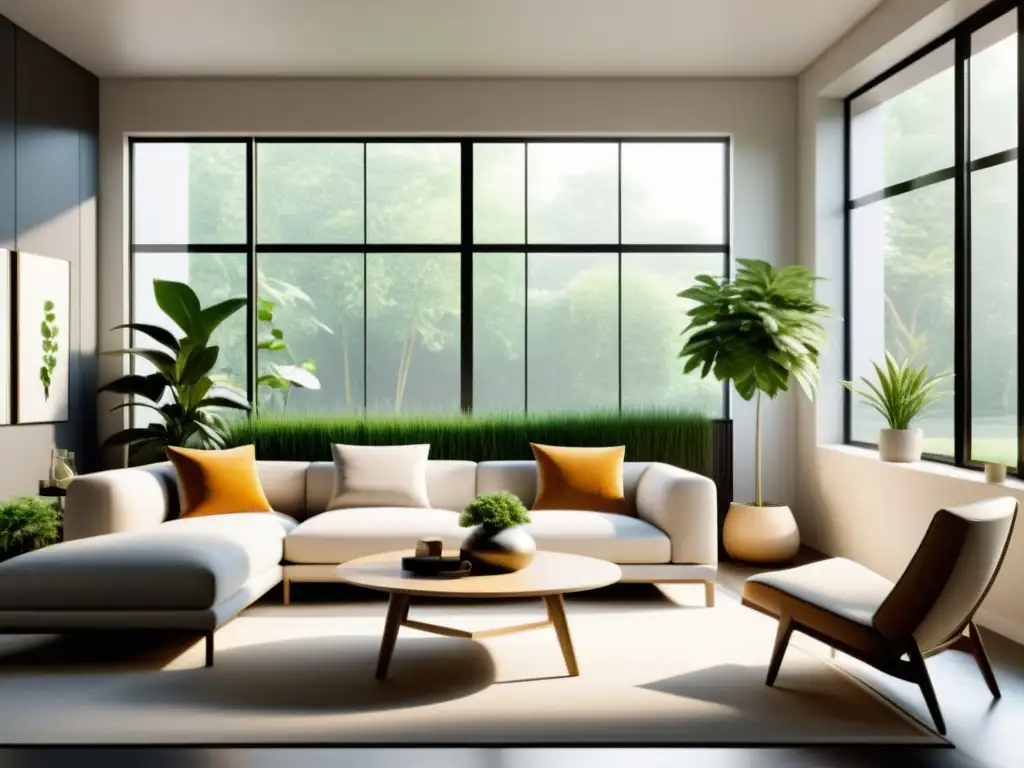 Salón minimalista con muebles ecológicos y luz natural Salón minimalista con muebles ecoamigables y diseño en armonía con los Principios Feng Shui hogar ecoamigable