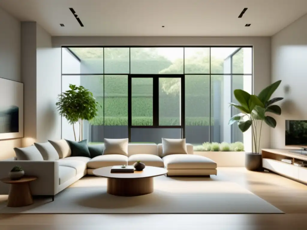 Salón minimalista con muebles ecosostenibles y evolución del Feng Shui, iluminado por luz natural y serenidad