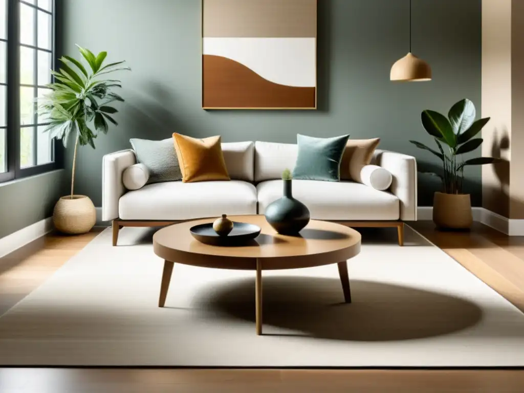 Salón minimalista con orientación de muebles para Feng Shui, armonía y equilibrio en tonos neutros y luz natural