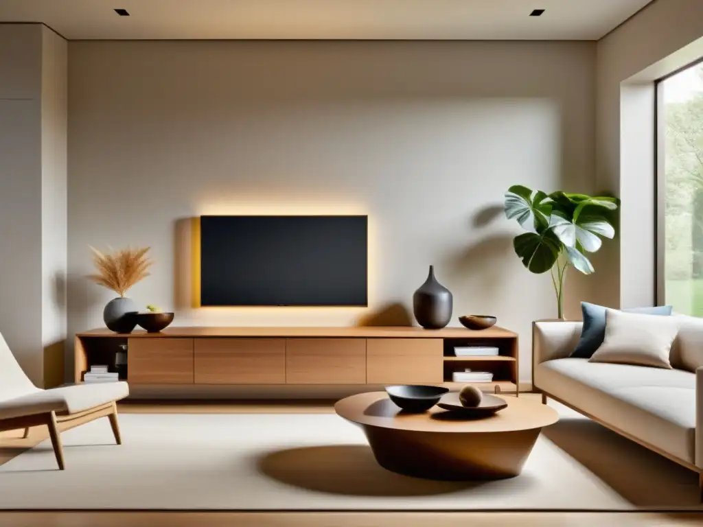 Un salón minimalista con muebles inteligentes para Feng Shui