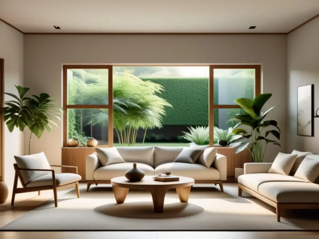 Un salón minimalista con muebles de madera natural, paleta de colores suaves y plantas estratégicamente ubicadas para promover la energía positiva según los principios del Feng Shui vida sustentable casa