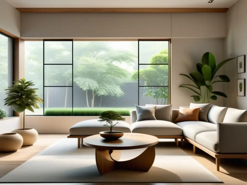 Un salón minimalista con muebles de madera reciclada, plantas y elementos de feng shui, bañado por suave luz natural