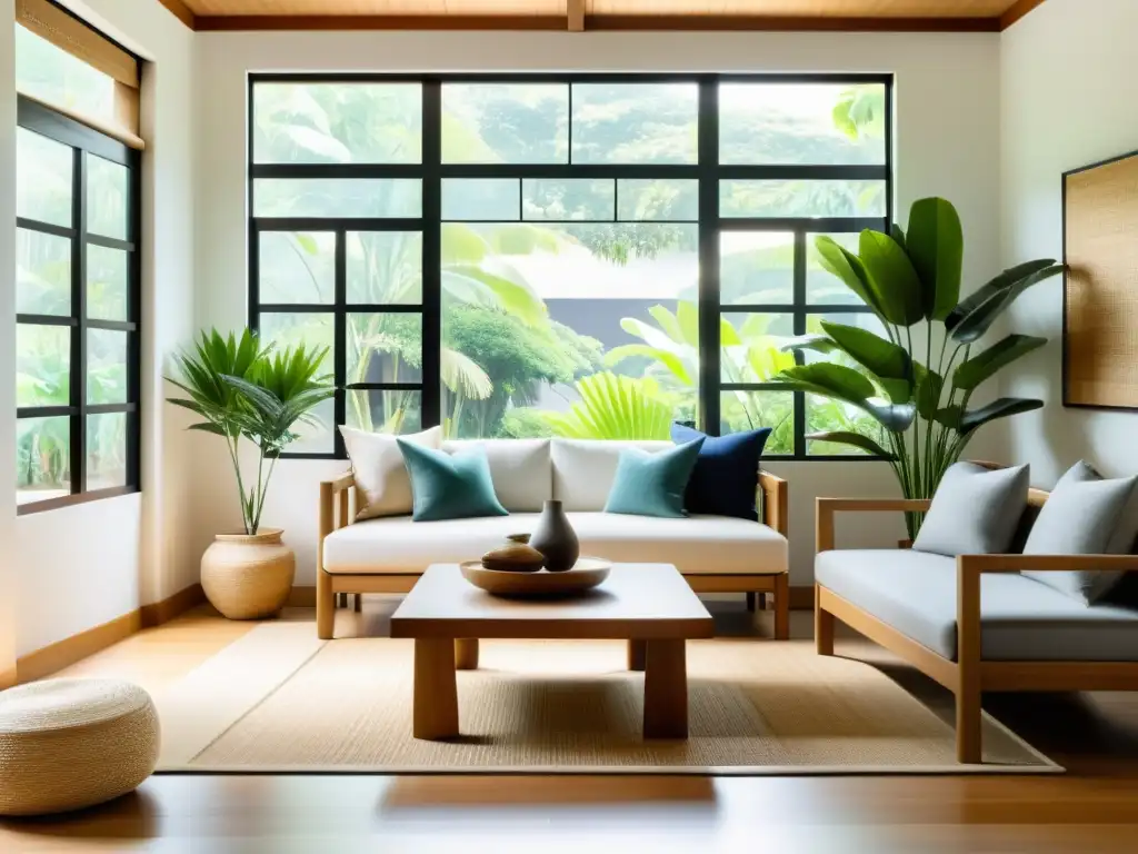 Un salón minimalista con muebles de madera tradicionales filipinos, armonizado con principios de Feng Shui, decoración serena y luz natural