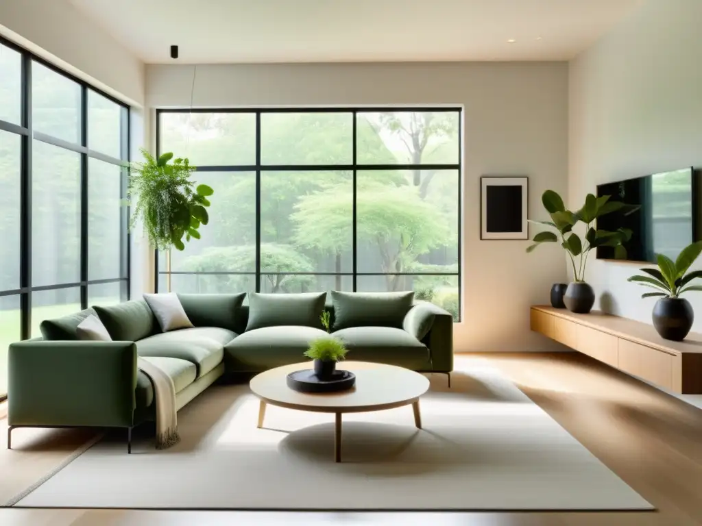 Un salón minimalista con iluminación natural, decoración zen y muebles modernos, perfecto para la iluminación para hogar Feng Shui