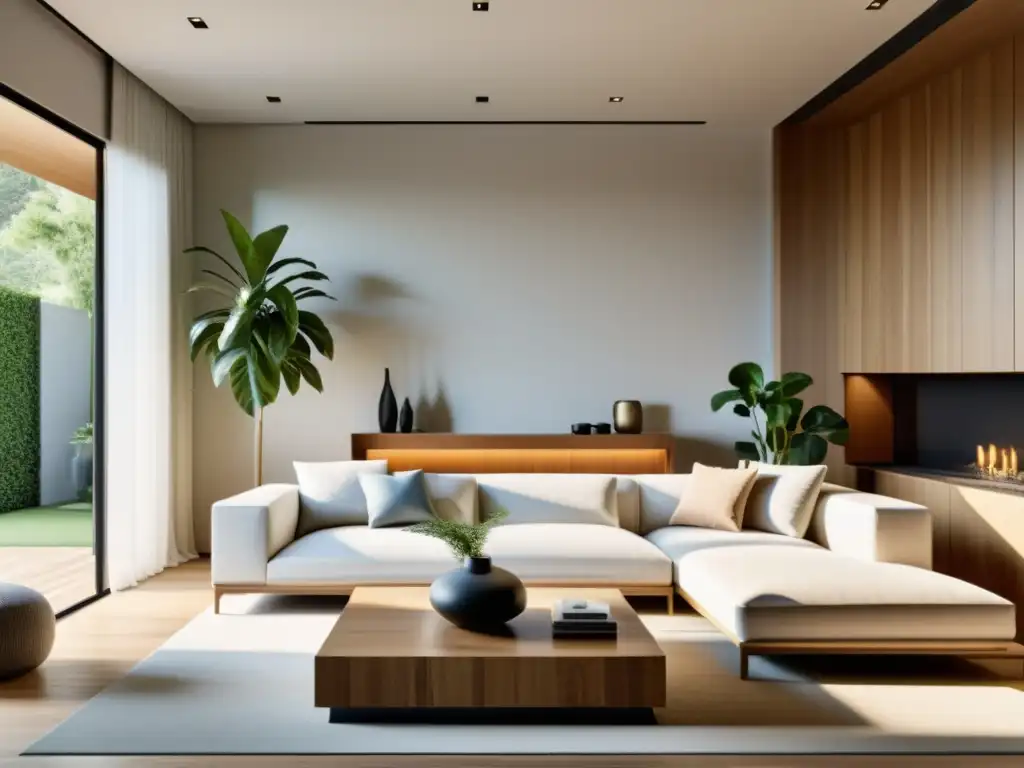 Salón minimalista con muebles modernos y armonía Feng Shui en la era de la domótica