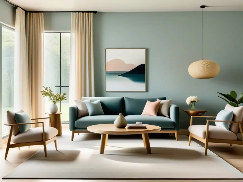 Salón minimalista con orientación de muebles para Feng Shui, colores serenos y armonía