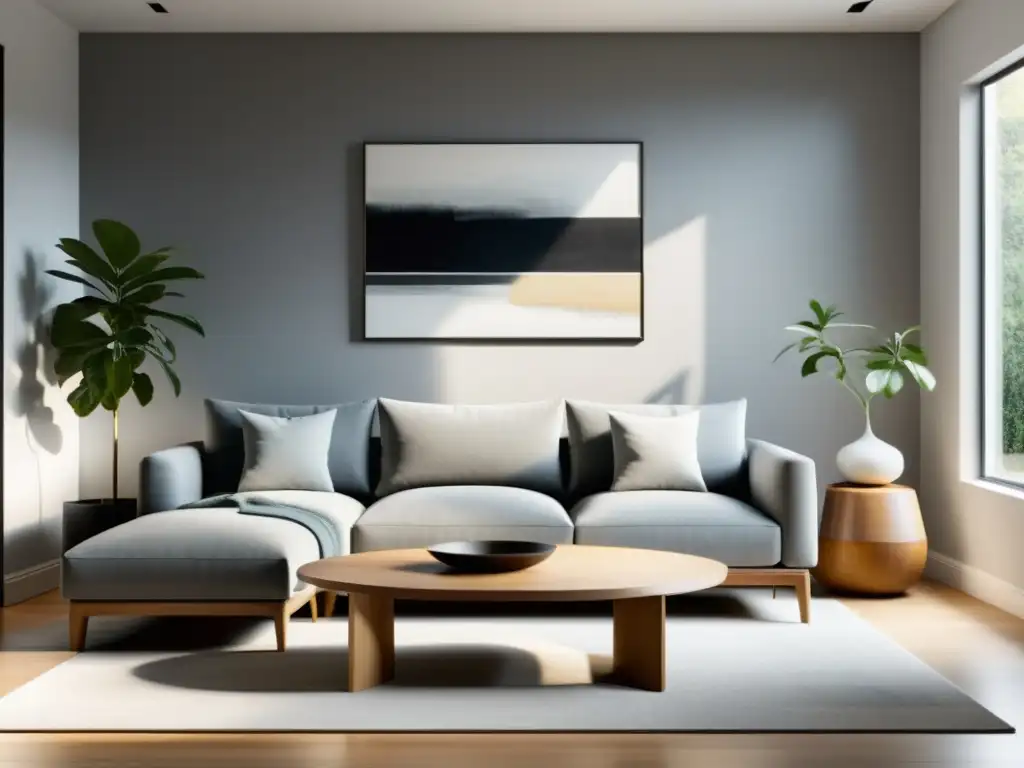 Un salón minimalista con muebles para feng shui: un sofá gris, mesa de madera y arte abstracto en la pared, bañado por luz natural