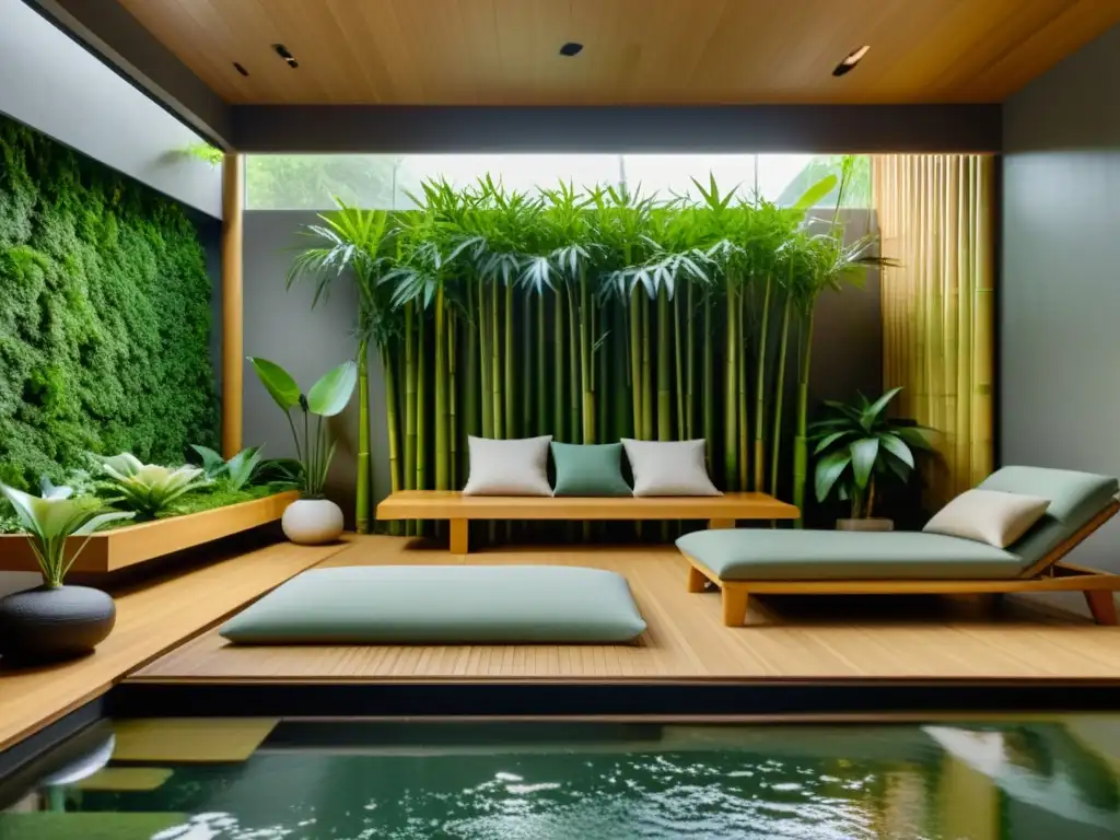 Salón minimalista con muebles de bambú sostenible, jardín vertical y fuente de agua tranquilizadora