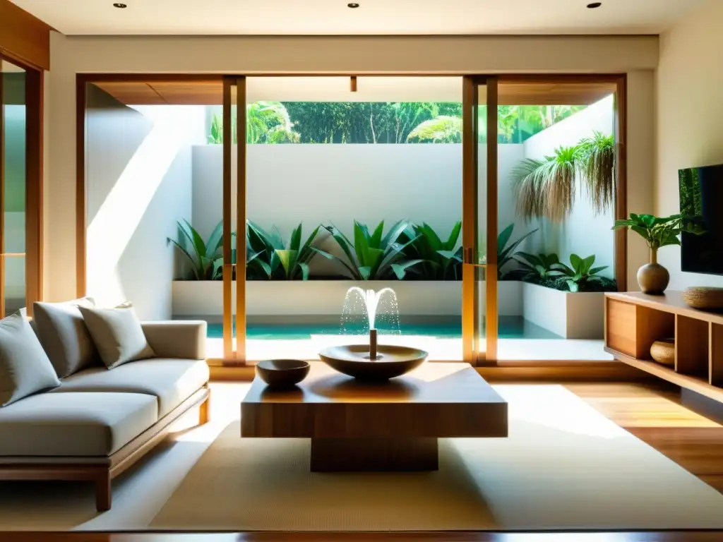 Un salón minimalista con muebles tradicionales filipinos armonizados según el Feng Shui, en tonos terrosos y texturas naturales, bañado por suave luz natural y vistas a un jardín sereno