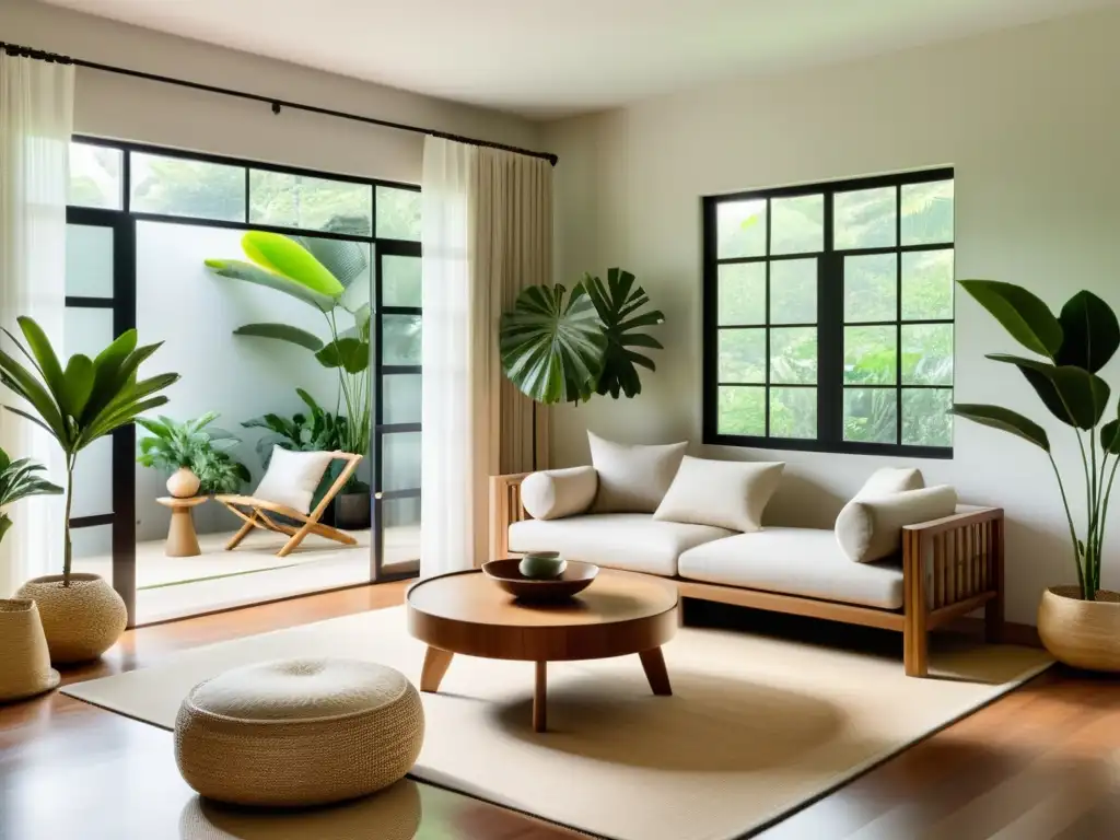 Un salón minimalista con muebles tradicionales filipinos según el Feng Shui, exudando armonía, equilibrio y conexión con la naturaleza