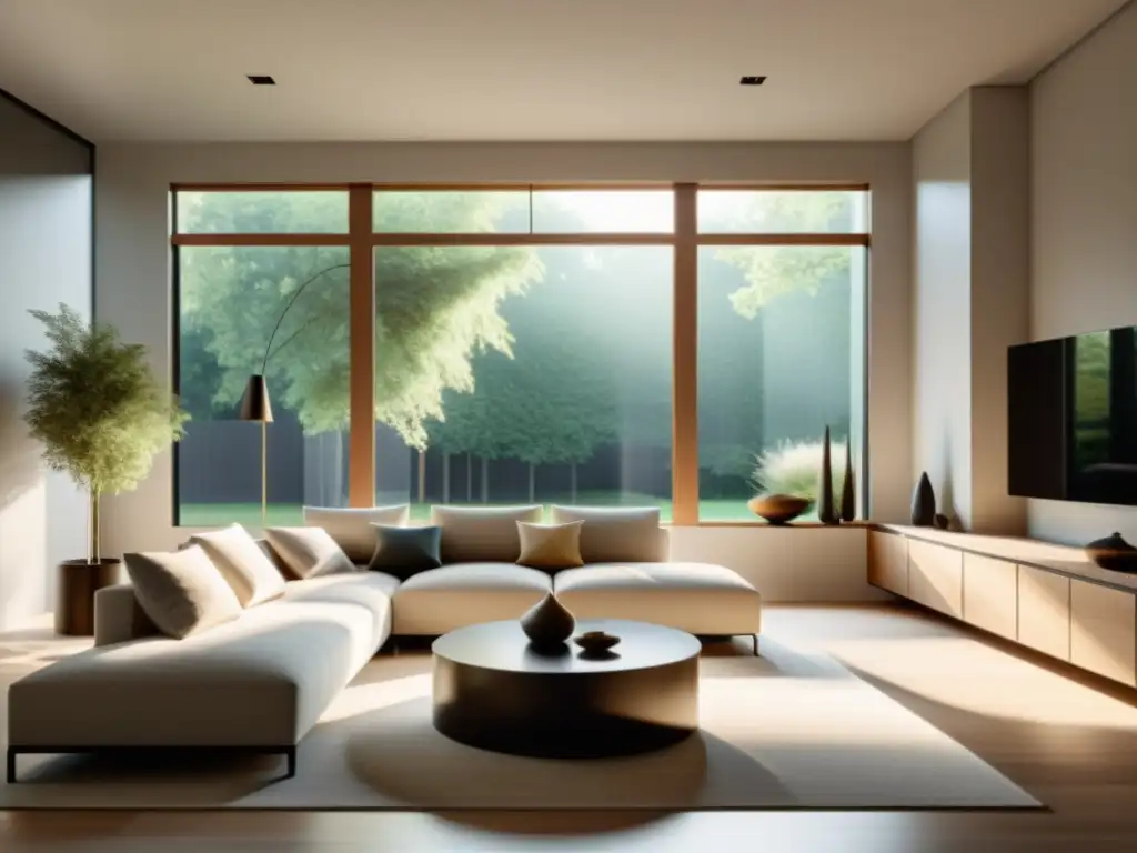 Salón minimalista con iluminación natural para bienestar emocional, tonos neutros y ambiente tranquilo