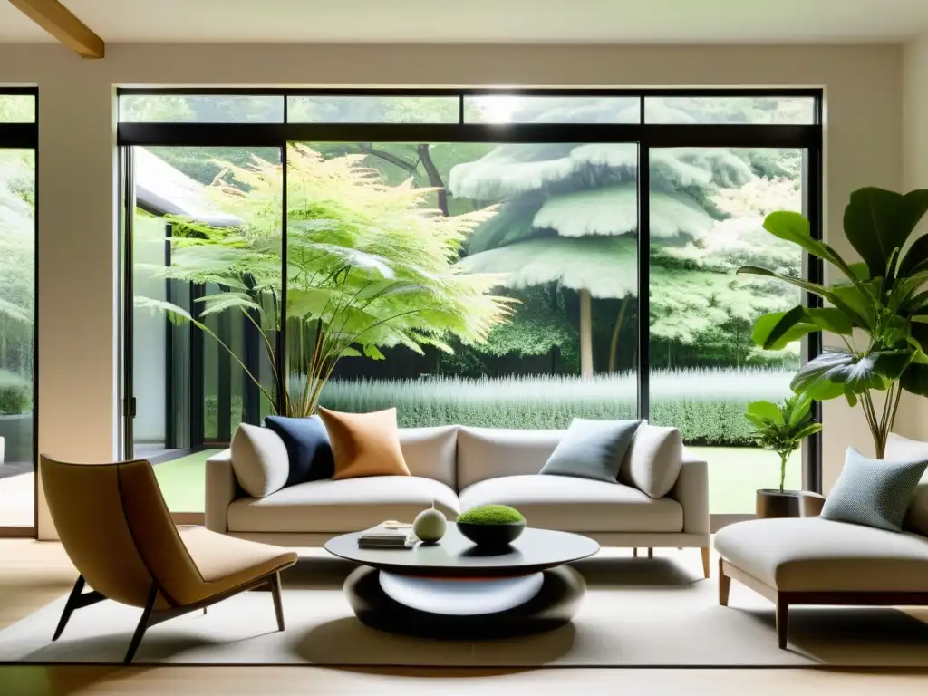 Salón minimalista con diseño Feng Shui en armonía con la naturaleza, creando un espacio resiliente y equilibrado