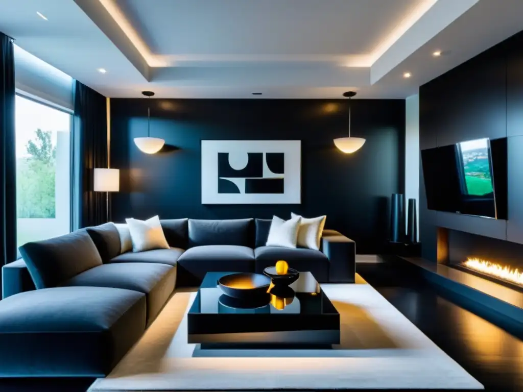 Sofisticada sala minimalista con mobiliario negro y elegante iluminación Salón minimalista en negro con iluminación estratégica y muebles de acento, creando sofisticación