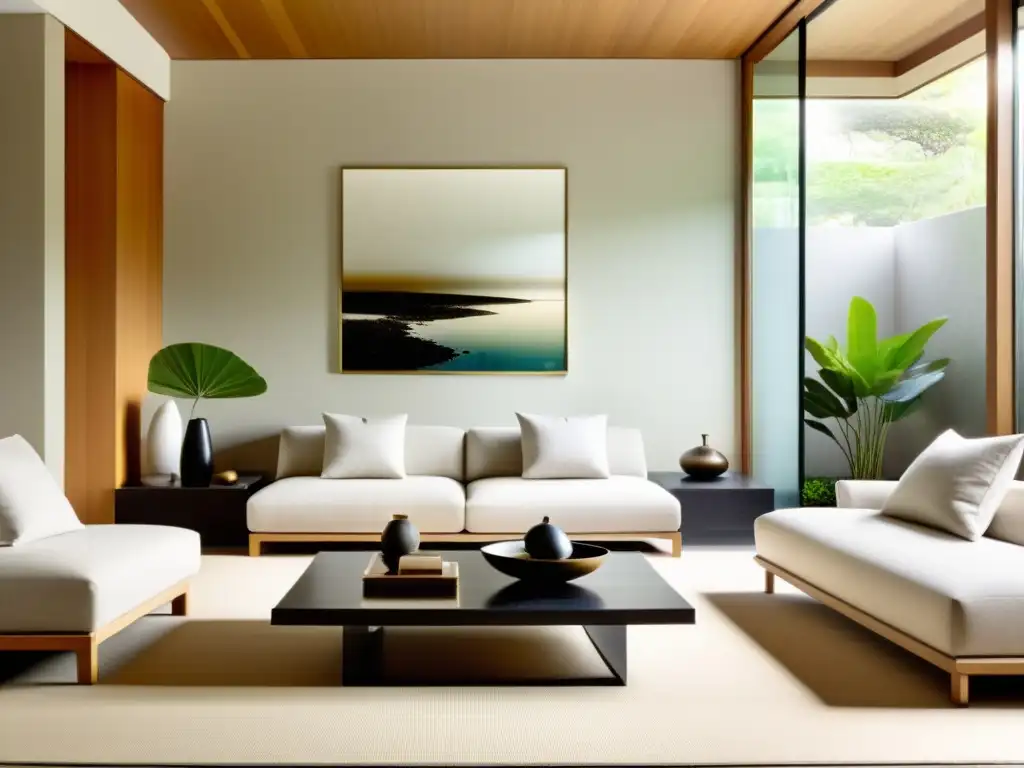 Salón minimalista con objetos de poder en Feng Shui, zen garden y luz natural, creando armonía y tranquilidad